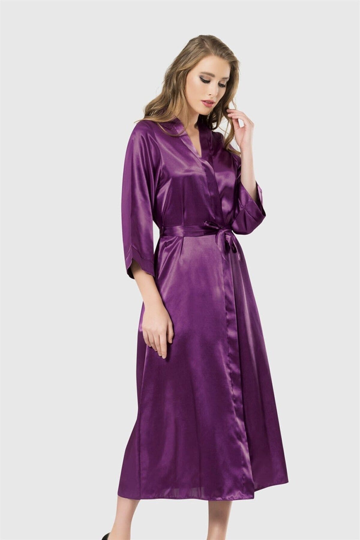 Uzun Saten Sabahlık Ahu Lingerie 7472 - Mor
