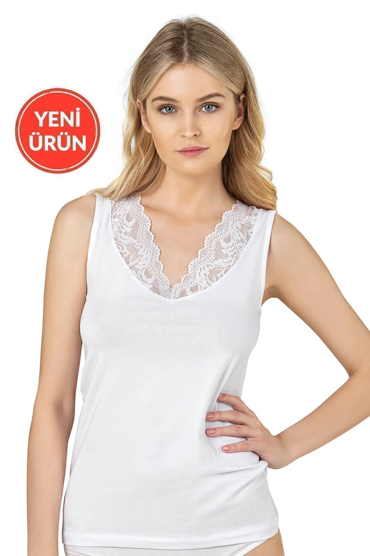 Pamuklu Esnek V Yaka Dantel Detaylı Kadın Atlet Özkan 26957 - Beyaz