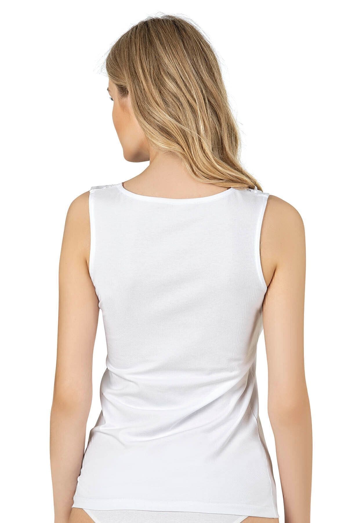 Pamuklu Esnek V Yaka Dantel Detaylı Kadın Atlet Özkan 26957 - Beyaz