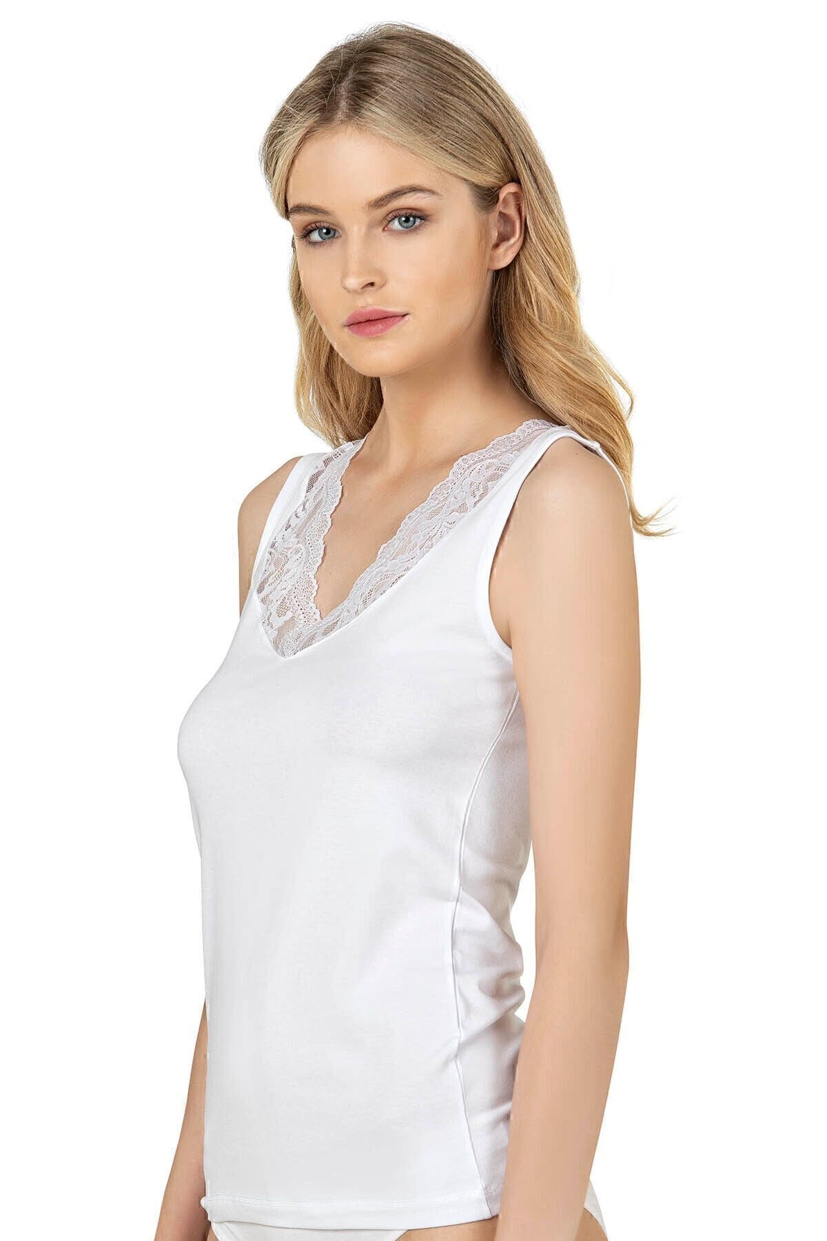 Pamuklu Esnek V Yaka Dantel Detaylı Kadın Atlet Özkan 26957 - Beyaz