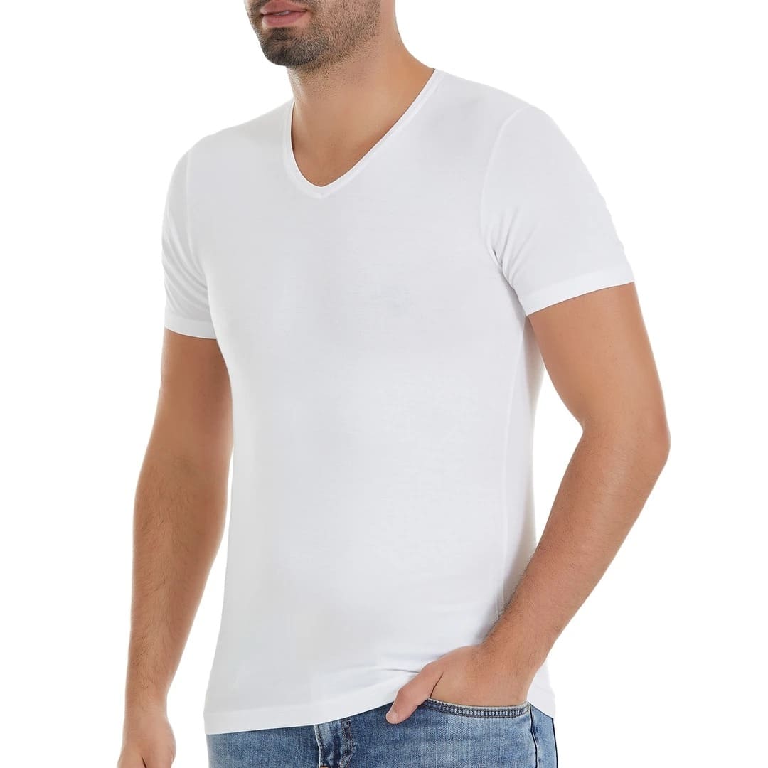 Bamboo Elastan V-Yaka Kısa Kollu T-Shirt Yıldız 480 - Beyaz