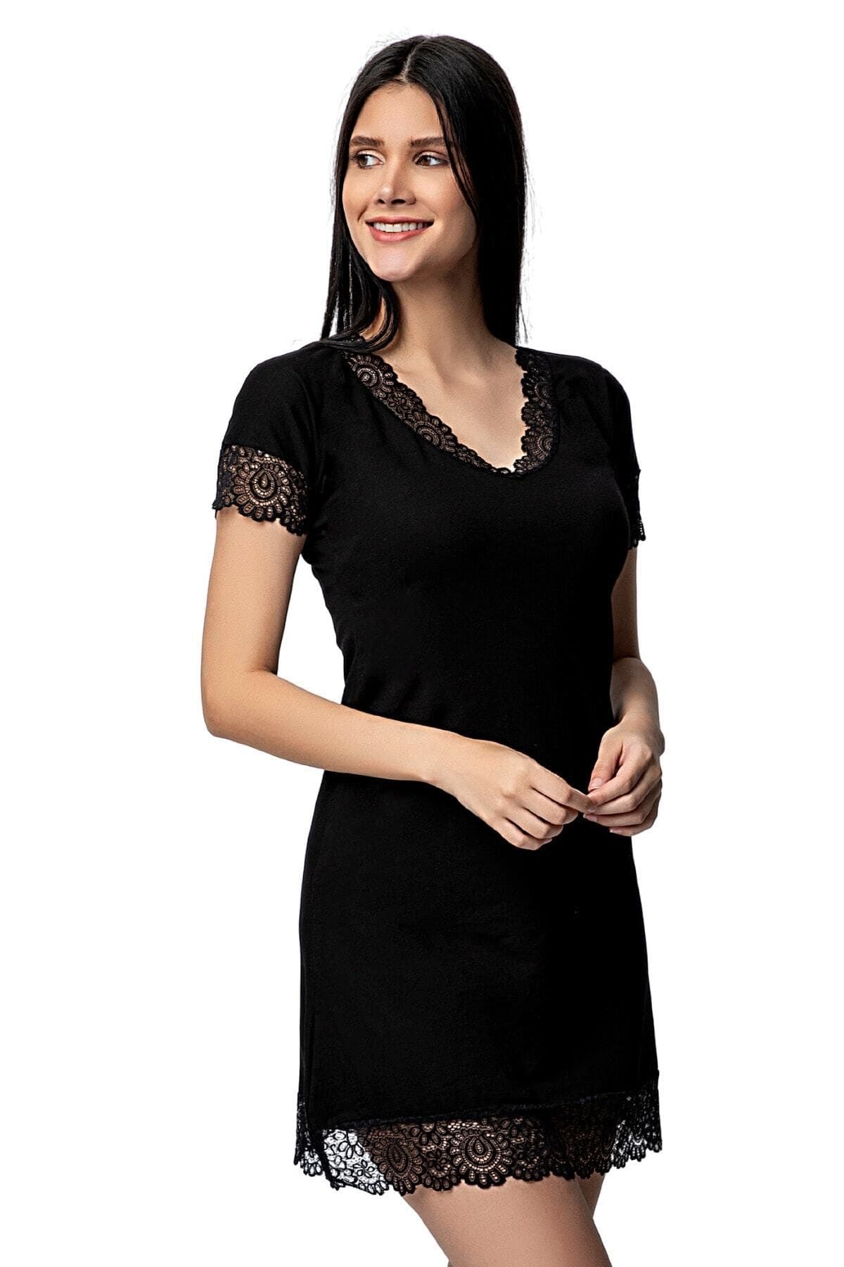 Dantel Detaylı V Yaka Kısa Kollu Gecelik Donex 1592 - Siyah