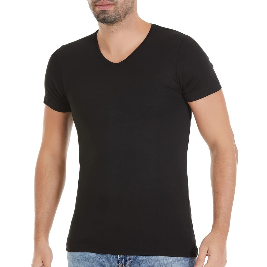 Bambu Elastan V Yaka Kısa Kollu T-Shirt Siyah Yıldız 481 - Siyah