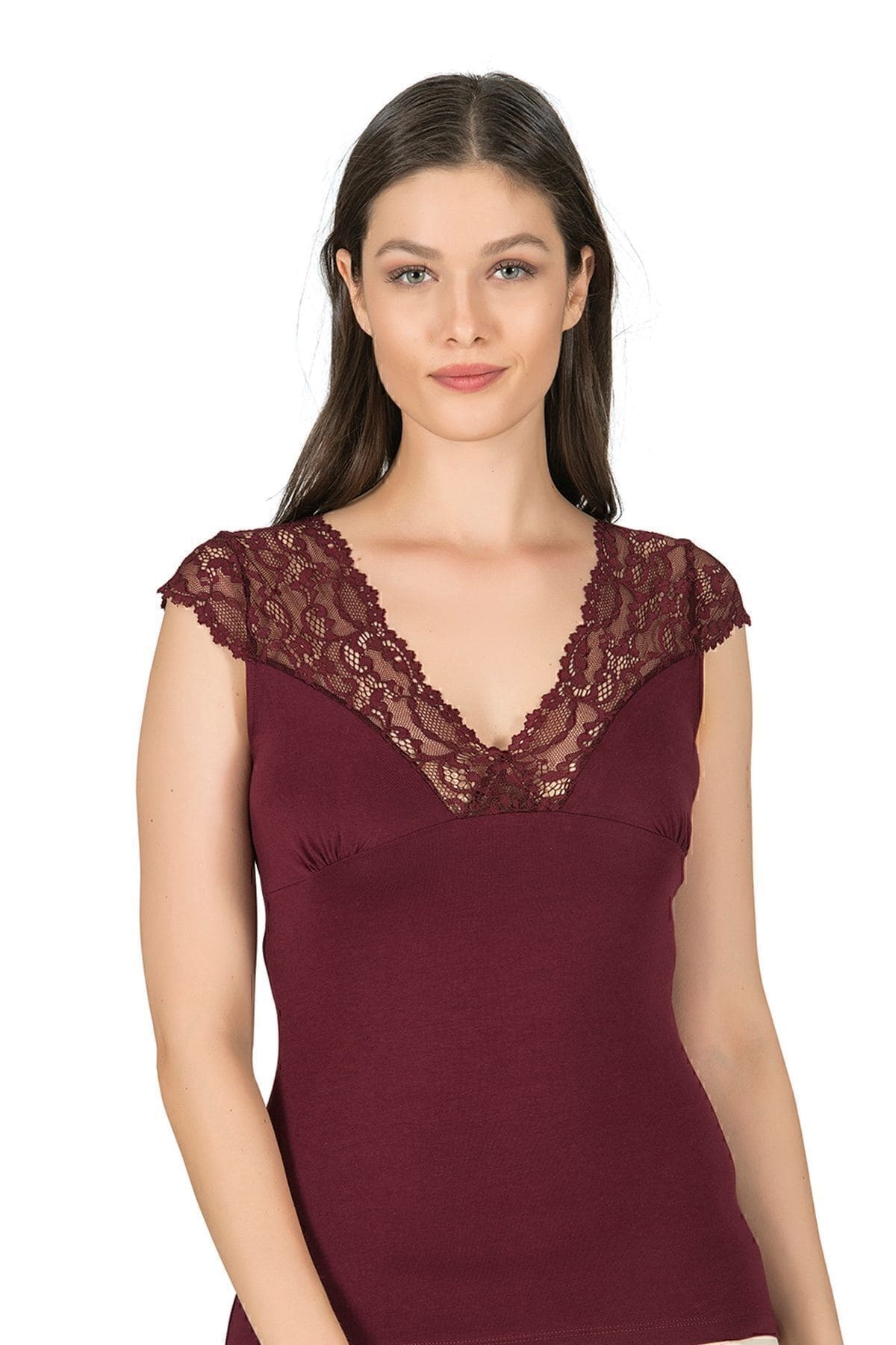 Pamuklu Dantel Detaylı V Yaka Kısa Kollu Kadın Atlet Özkan 24205 - Bordo