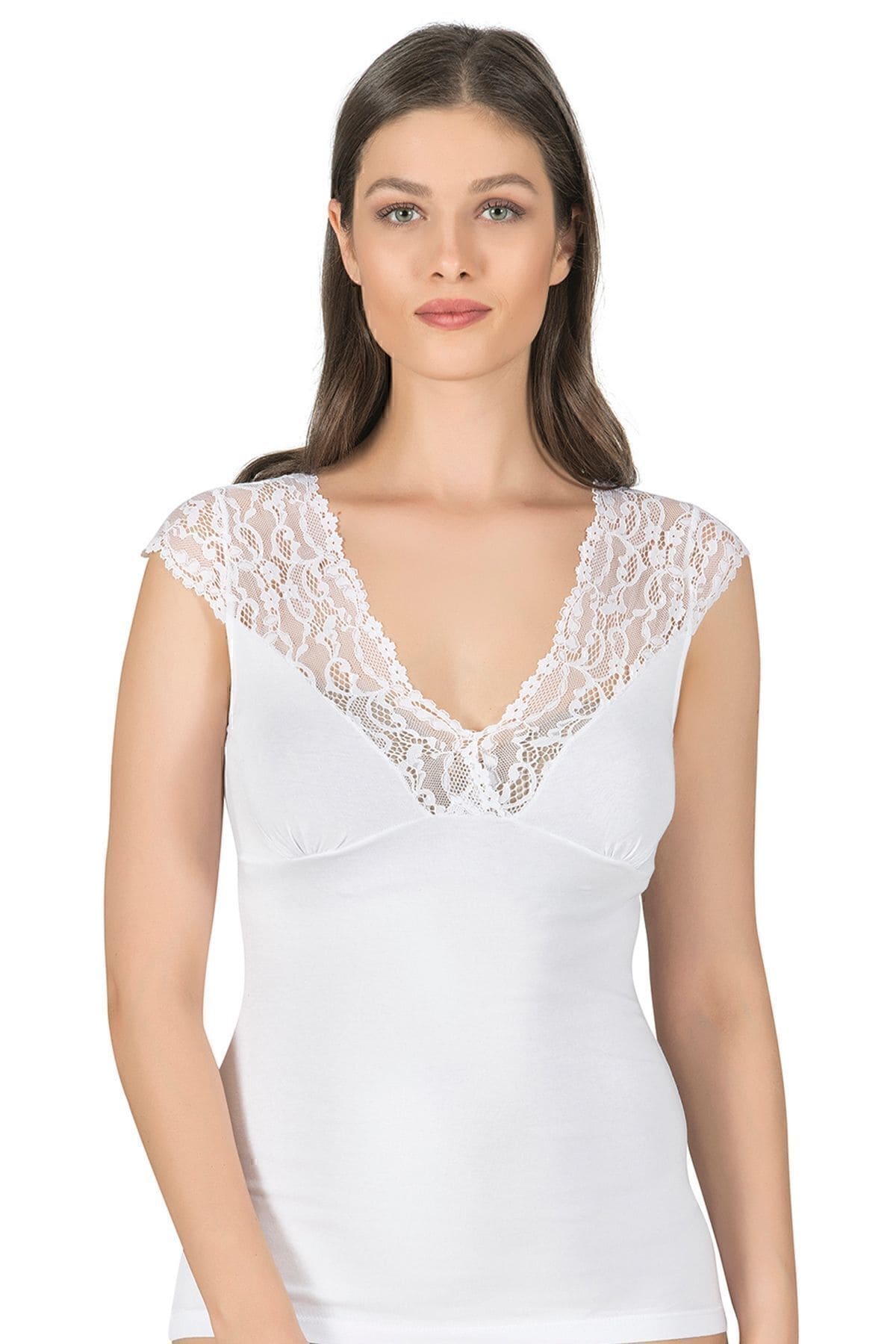 Pamuklu Dantel Detaylı V Yaka Kısa Kollu Kadın Atlet Özkan 24205 - Beyaz