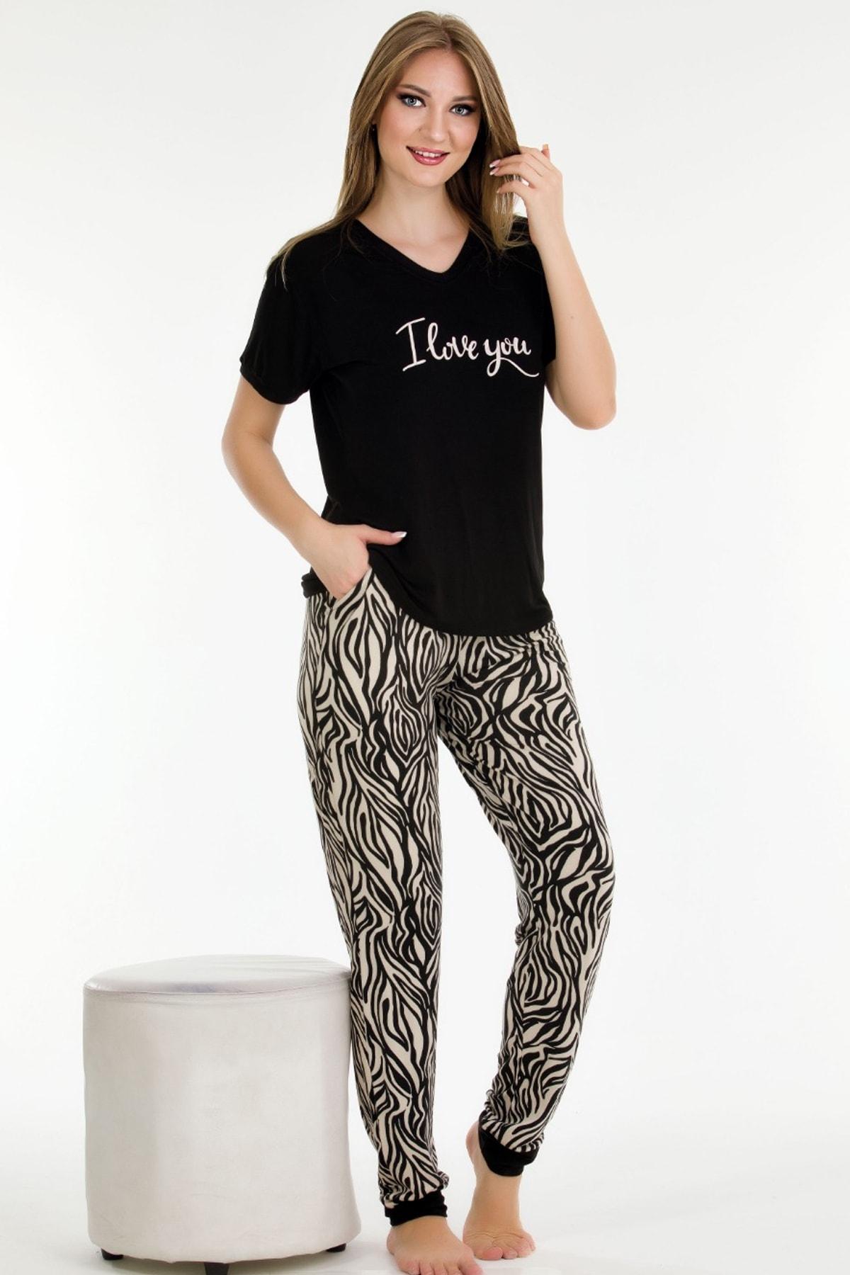 Siyah Leopar Desenli V Yaka Kısa Kollu Pijama Takımı Lady 12548 - Siyah