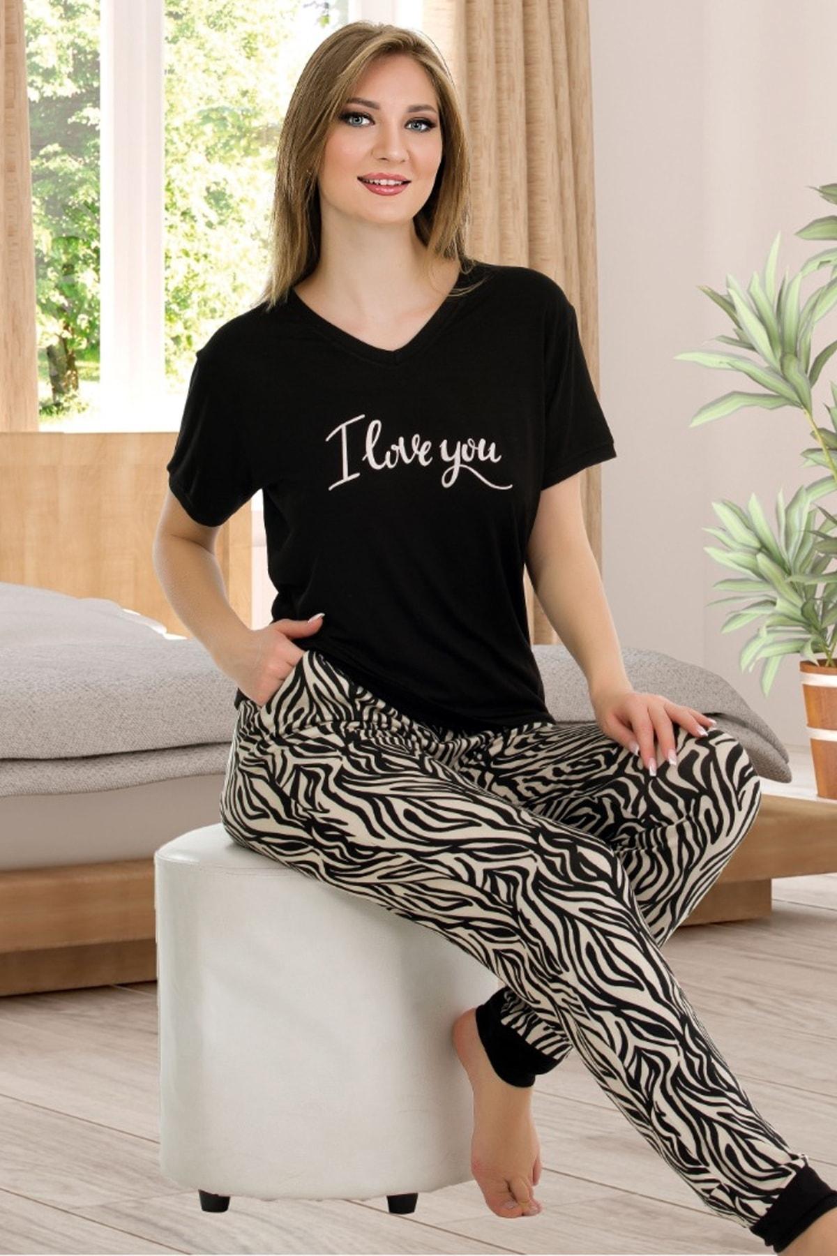Siyah Leopar Desenli V Yaka Kısa Kollu Pijama Takımı Lady 12548 - Siyah