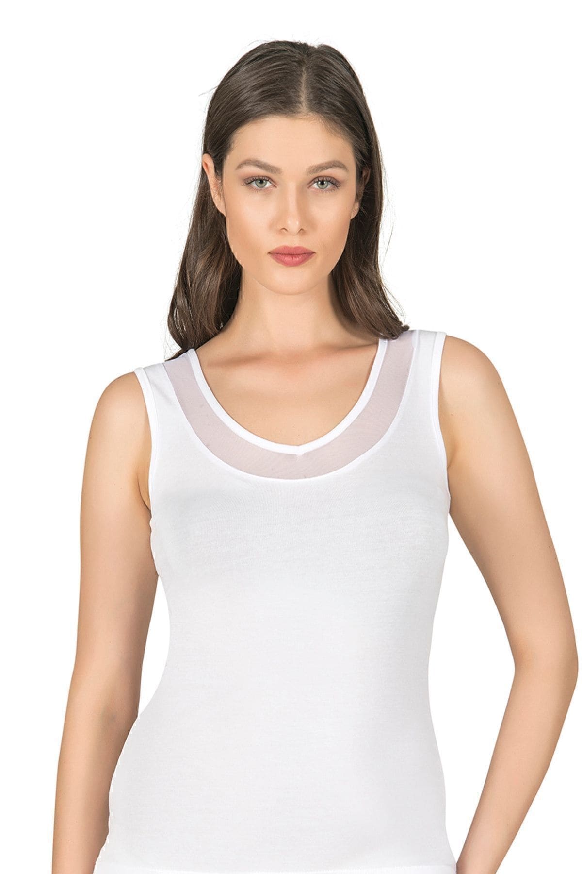 V Yaka Tüllü Kalın Askılı Kadın Atlet Modal Pamuklu Özkan 22848 - Beyaz