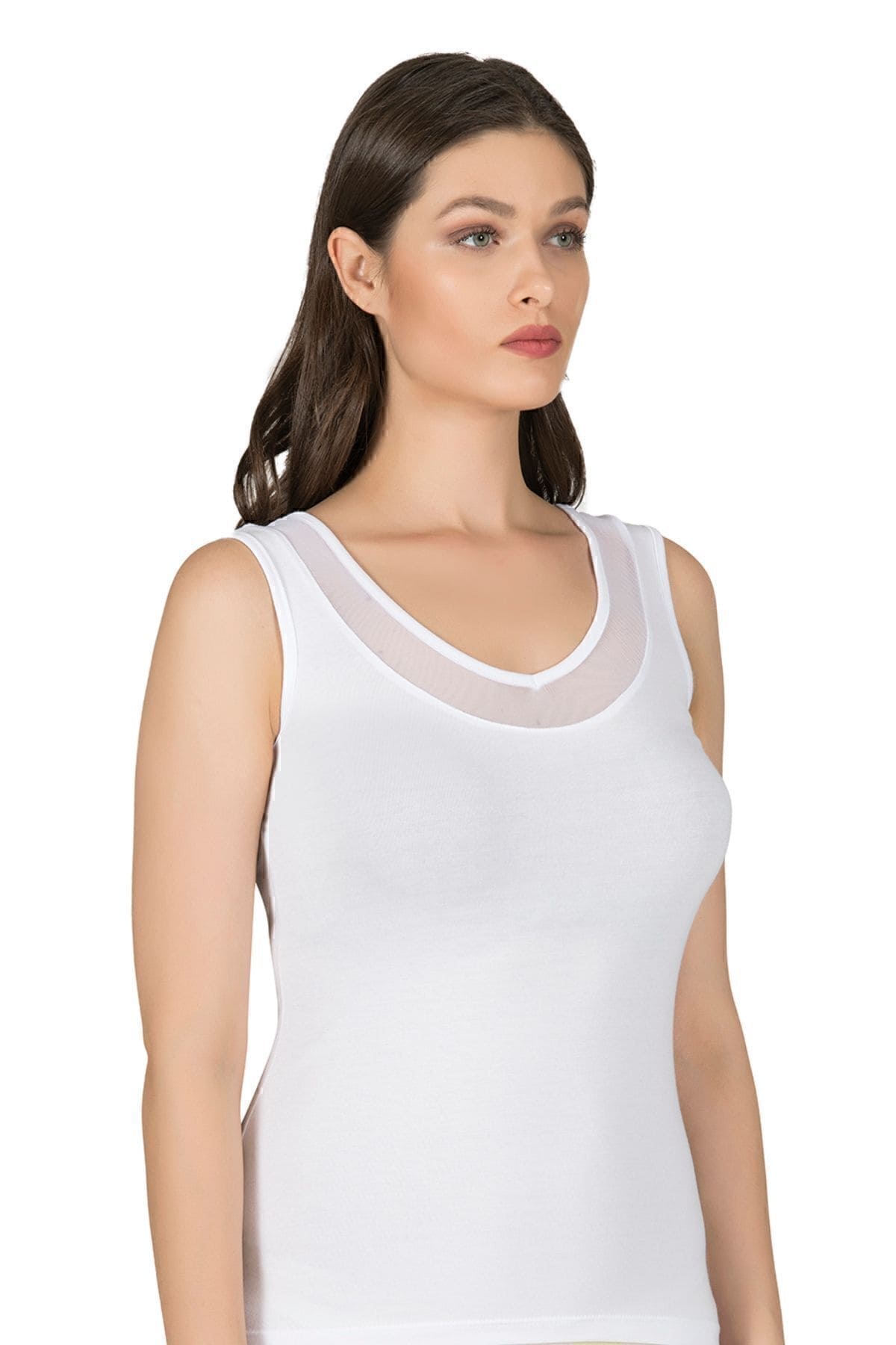 V Yaka Tüllü Kalın Askılı Kadın Atlet Modal Pamuklu Özkan 22848 - Beyaz