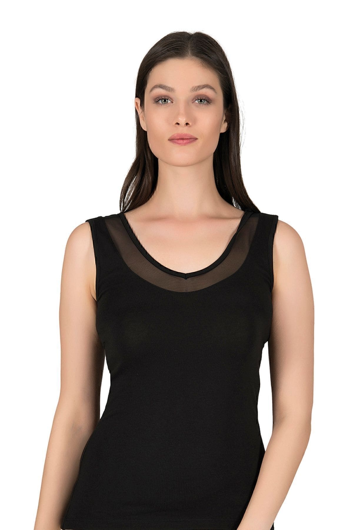 V Yaka Tüllü Kalın Askılı Kadın Atlet Modal Pamuklu Özkan 22848 - Siyah