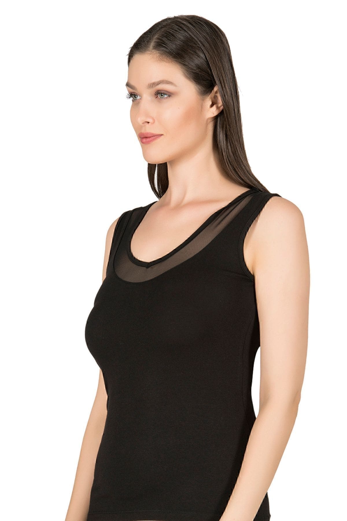 V Yaka Tüllü Kalın Askılı Kadın Atlet Modal Pamuklu Özkan 22848 - Siyah