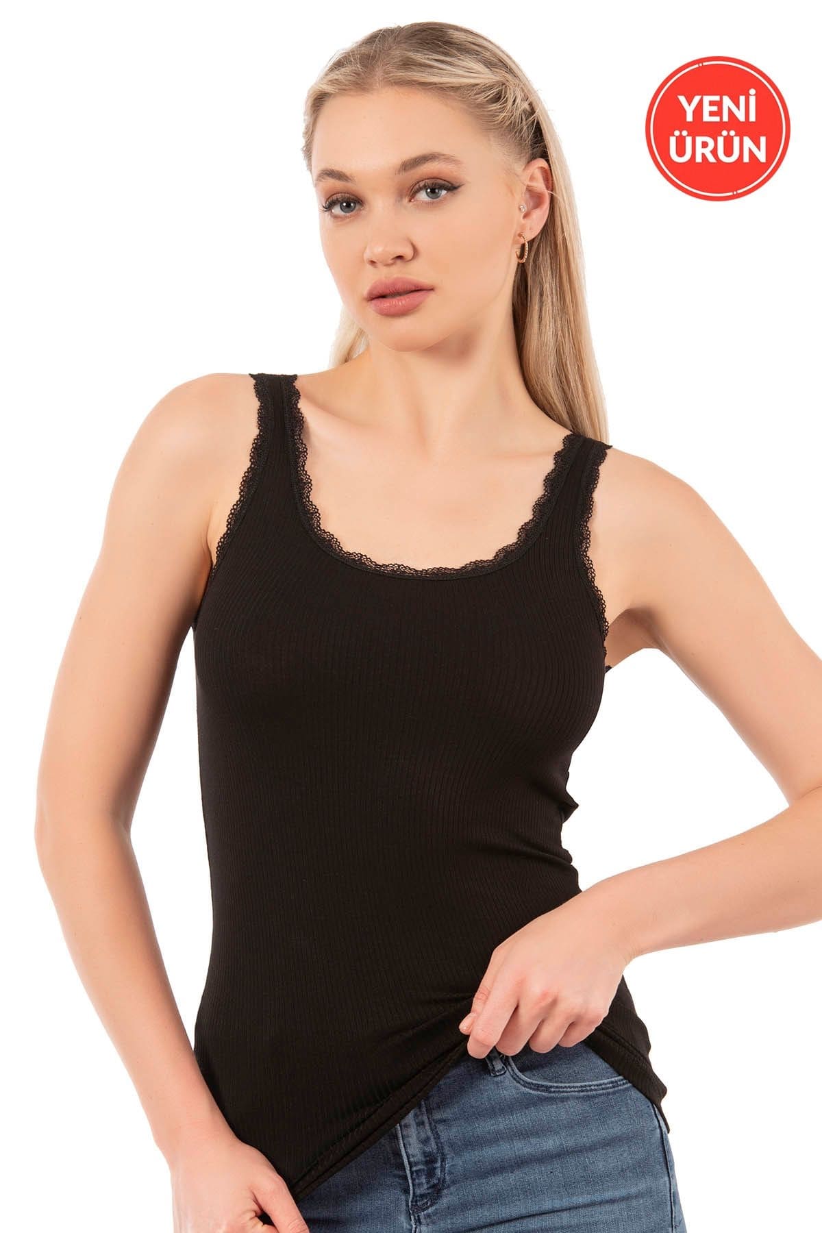 Dantelli Kalın Askılı Esnek Kadın Atlet Özkan 27075 - Siyah