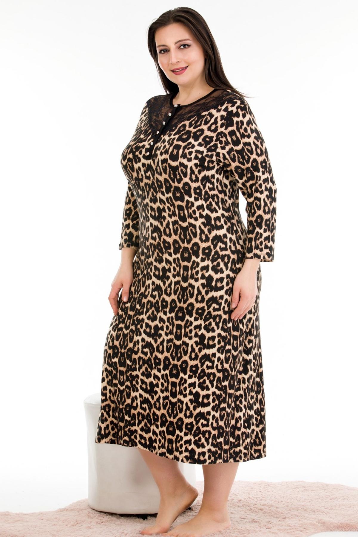 Viskon Leopar Desenli Düğmeli Yaka Büyük Beden Gecelik Elbise Lady 7244 - Leopar