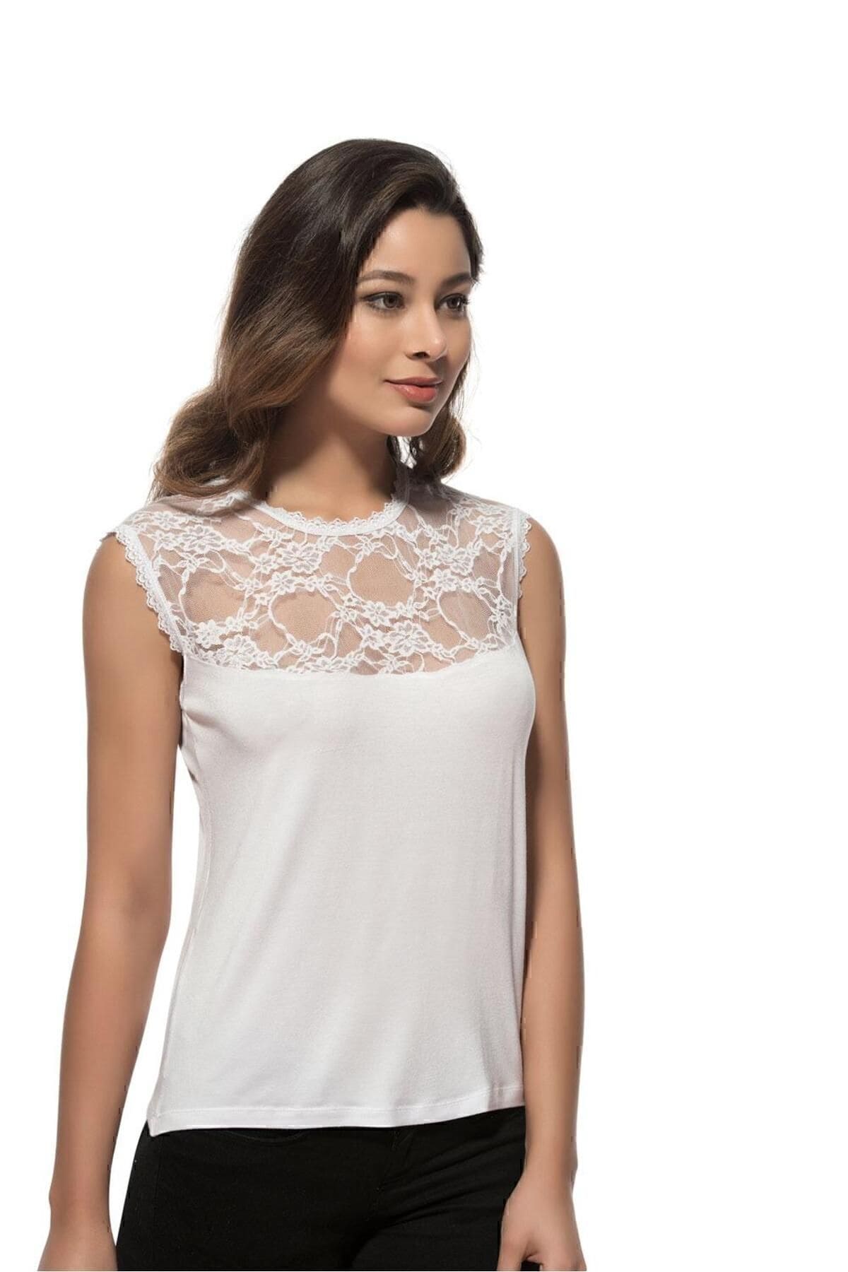 Dantelli Viskon Sıfır Kol Kadın Atlet Özkan 7365 - Beyaz