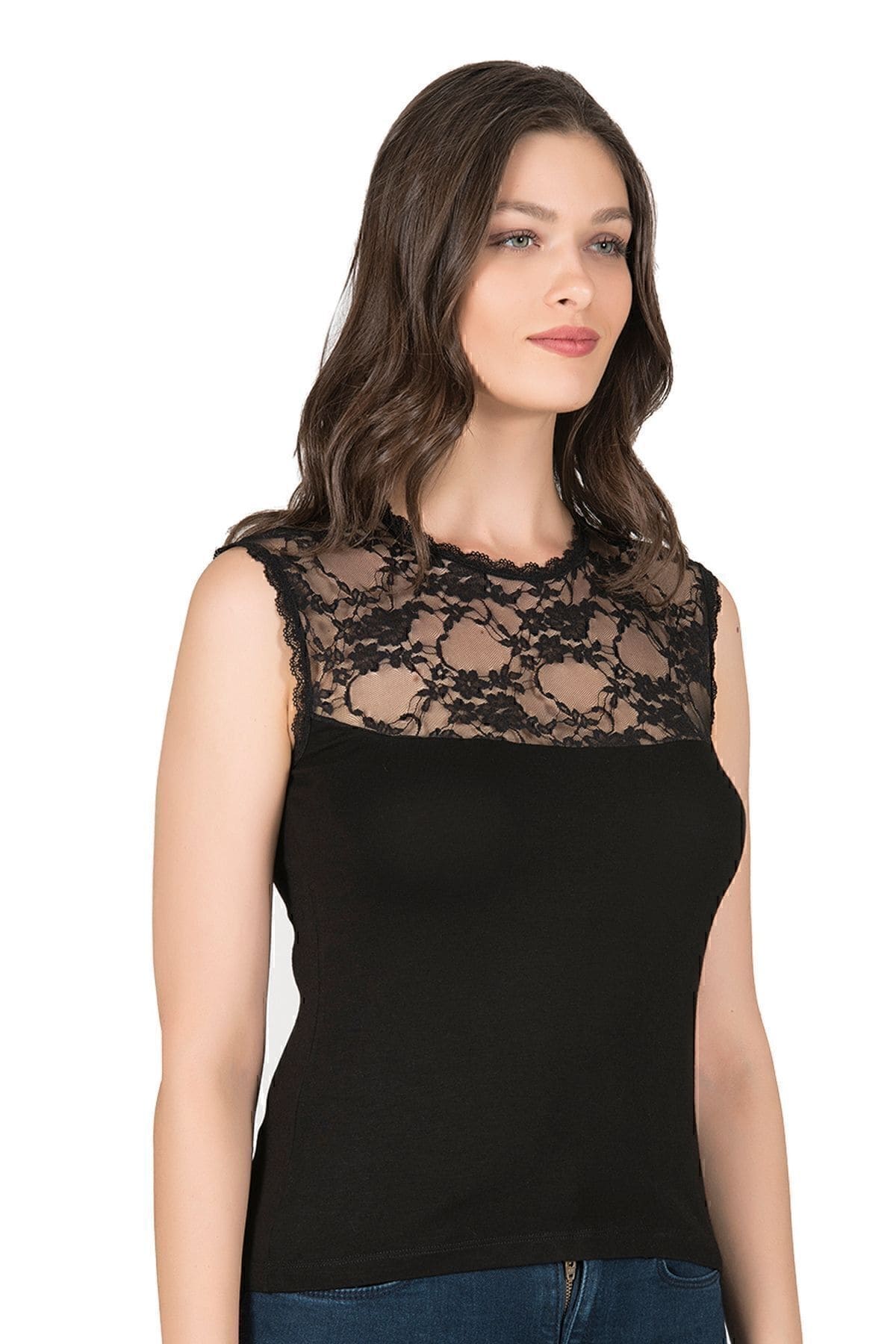 Dantelli Viskon Sıfır Kol Kadın Atlet Özkan 7365 - Siyah