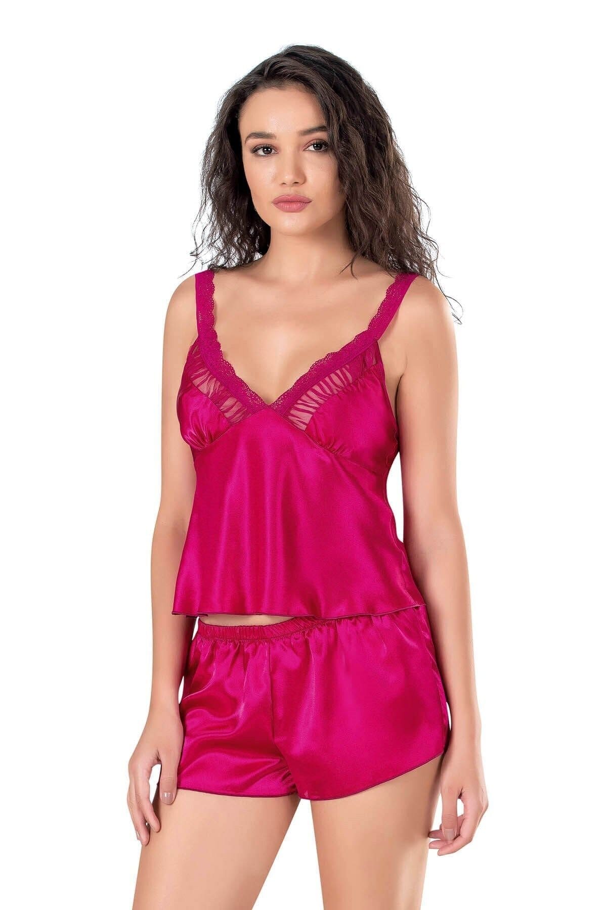 Vişne Renk Saten Babydoll Şort Takımı Ahu 9130 - Bordo