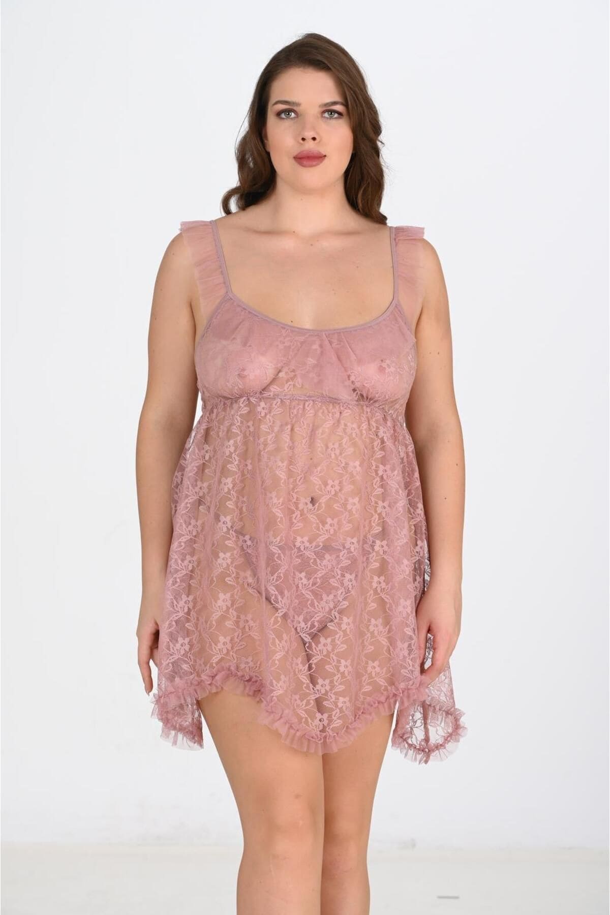 Vizon Tül Dantel Transparan Büyük Beden Gecelik Ahu 3044 - Vizon