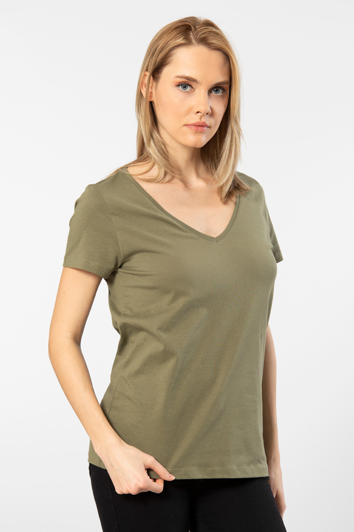 Wtshirt Pamuklu Nefes Alan Derin V Yaka Kadın Tişört Wtshirt 3547 - Görsel 2