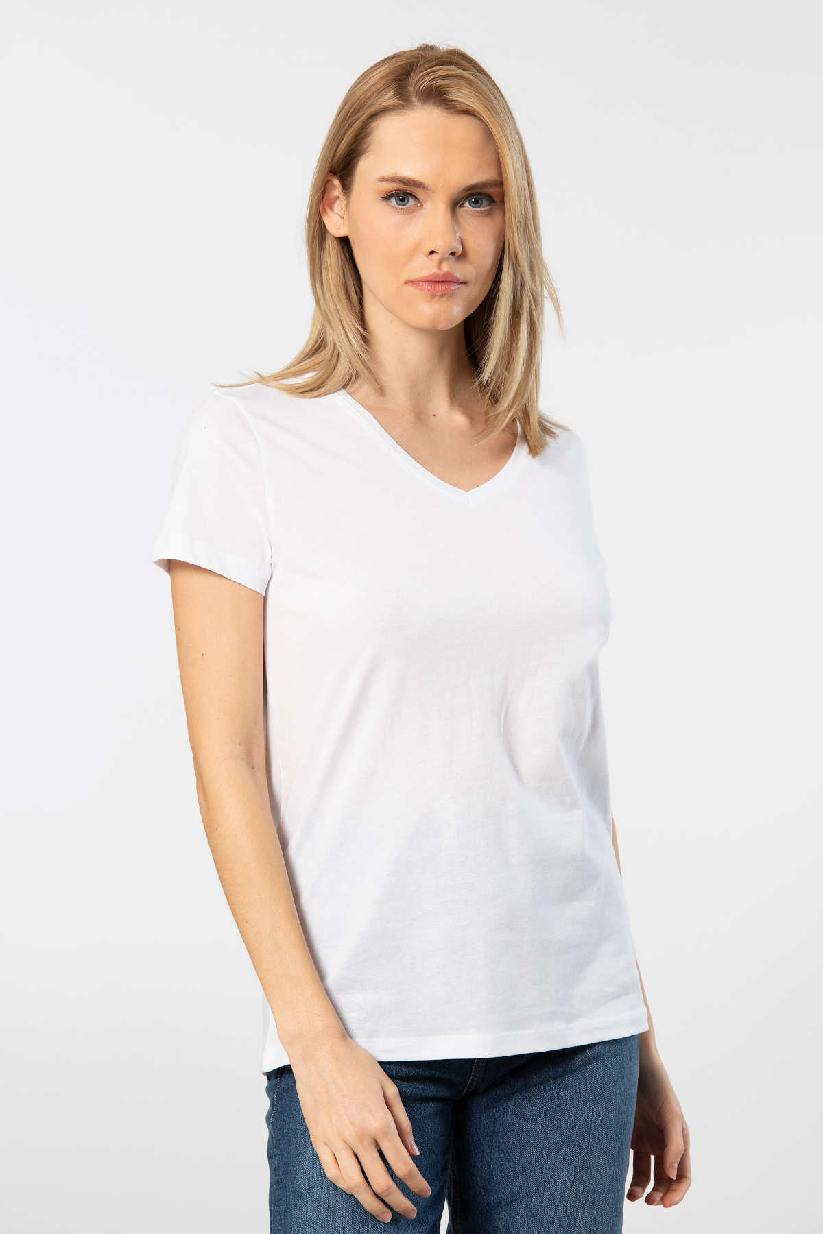 Wtshirt Pamuklu Kısa Kollu V Yaka Kadın Tişört Wtshirt 1234 - Görsel 2