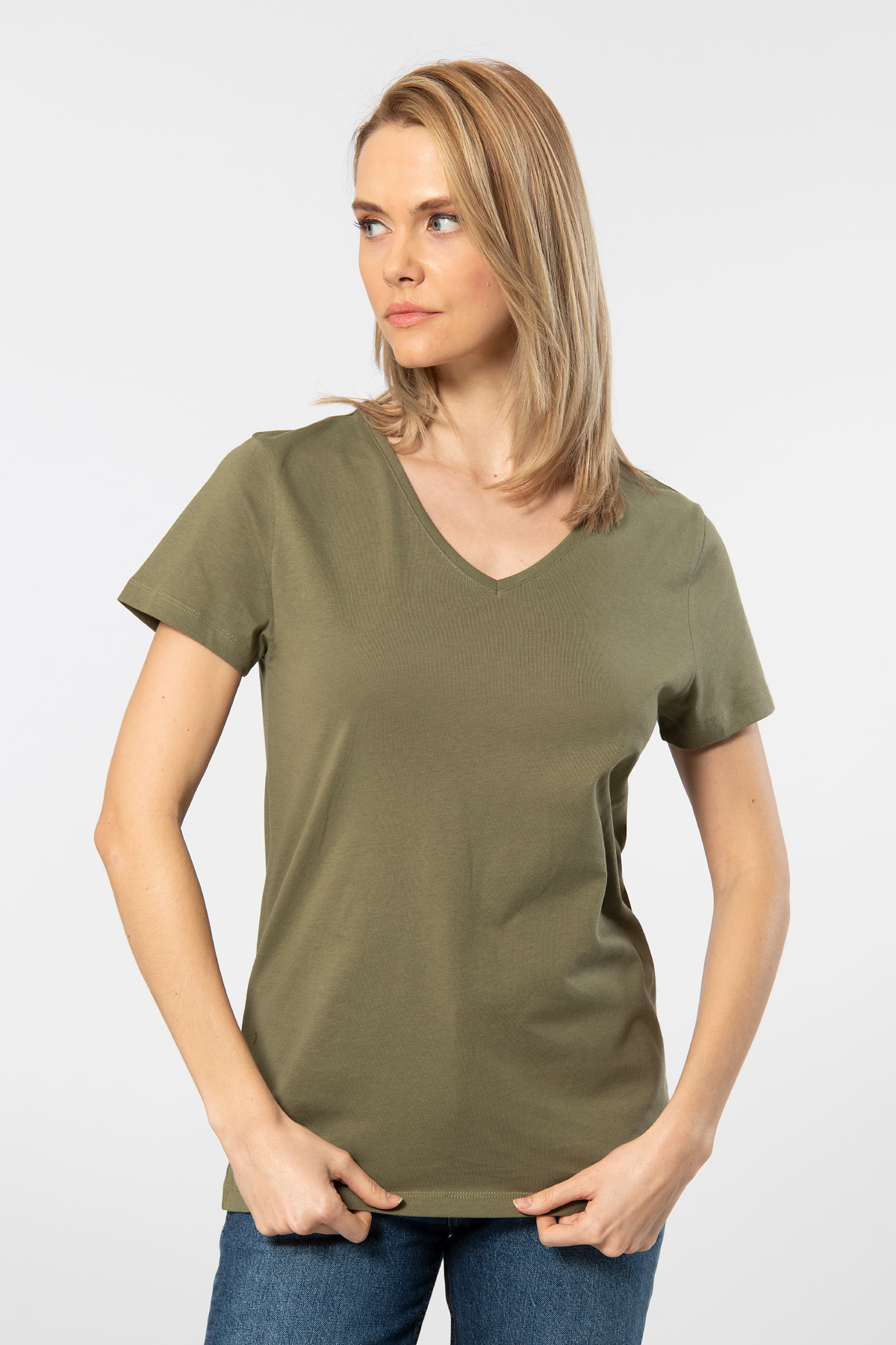 Pamuklu V Yaka Kısa Kollu Kadın Tişört Wtshirt 1234 - Haki