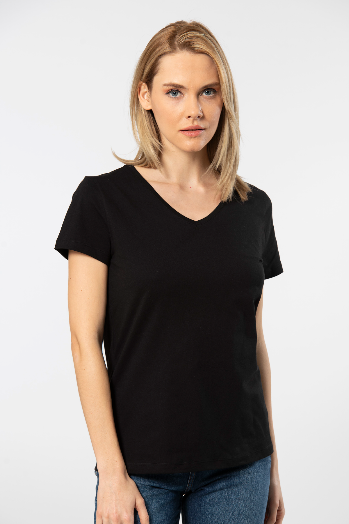 Pamuklu V Yaka Kısa Kollu Tişört Somon Wtshirt Venice - Siyah