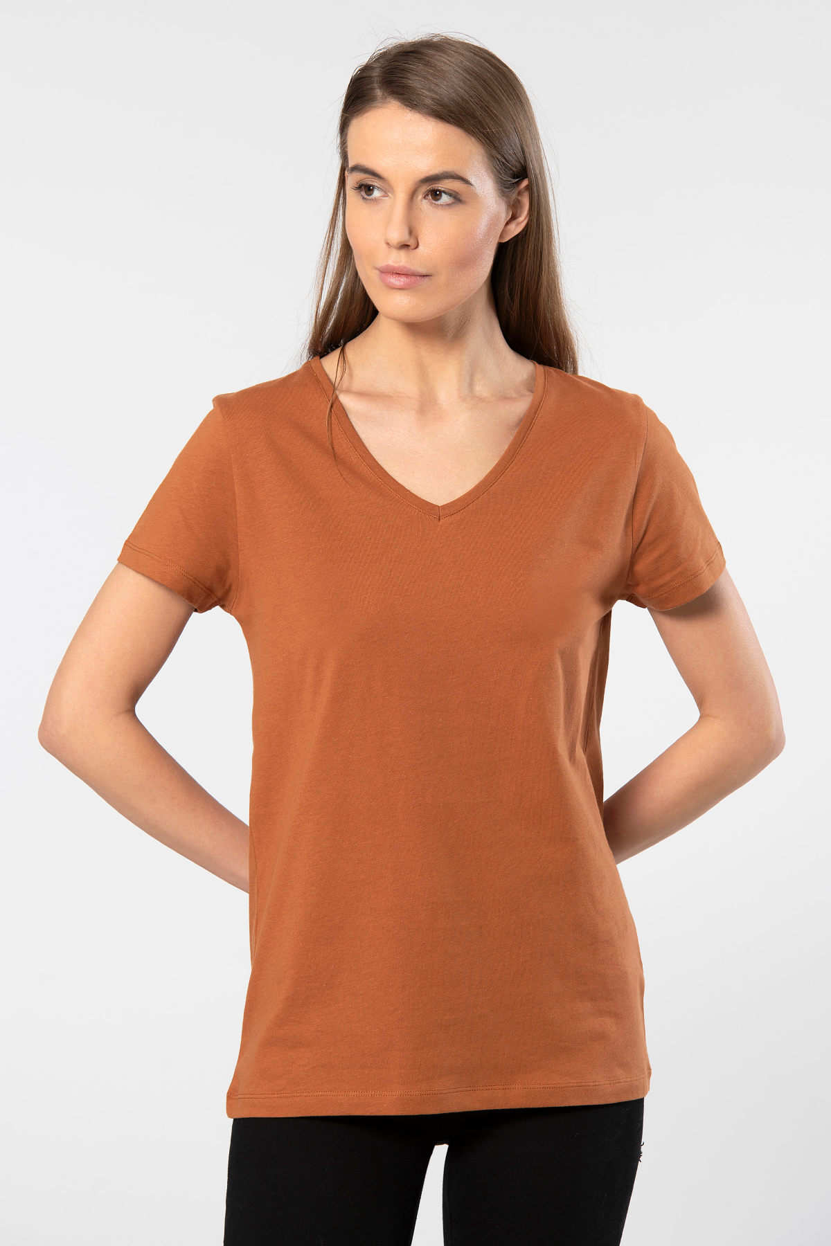 Pamuklu V Yaka Kısa Kol Tişört Wtshirt 7137 - Tarçın