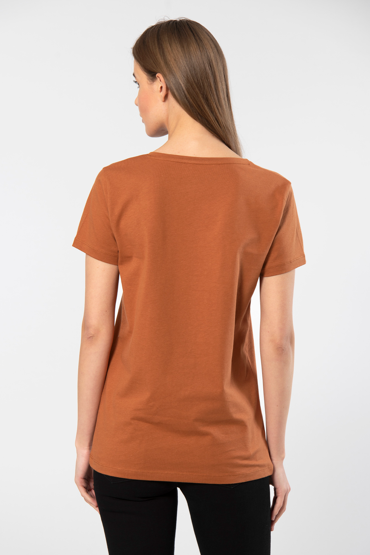 Pamuklu V Yaka Kısa Kol Tişört Wtshirt 7137 - Tarçın