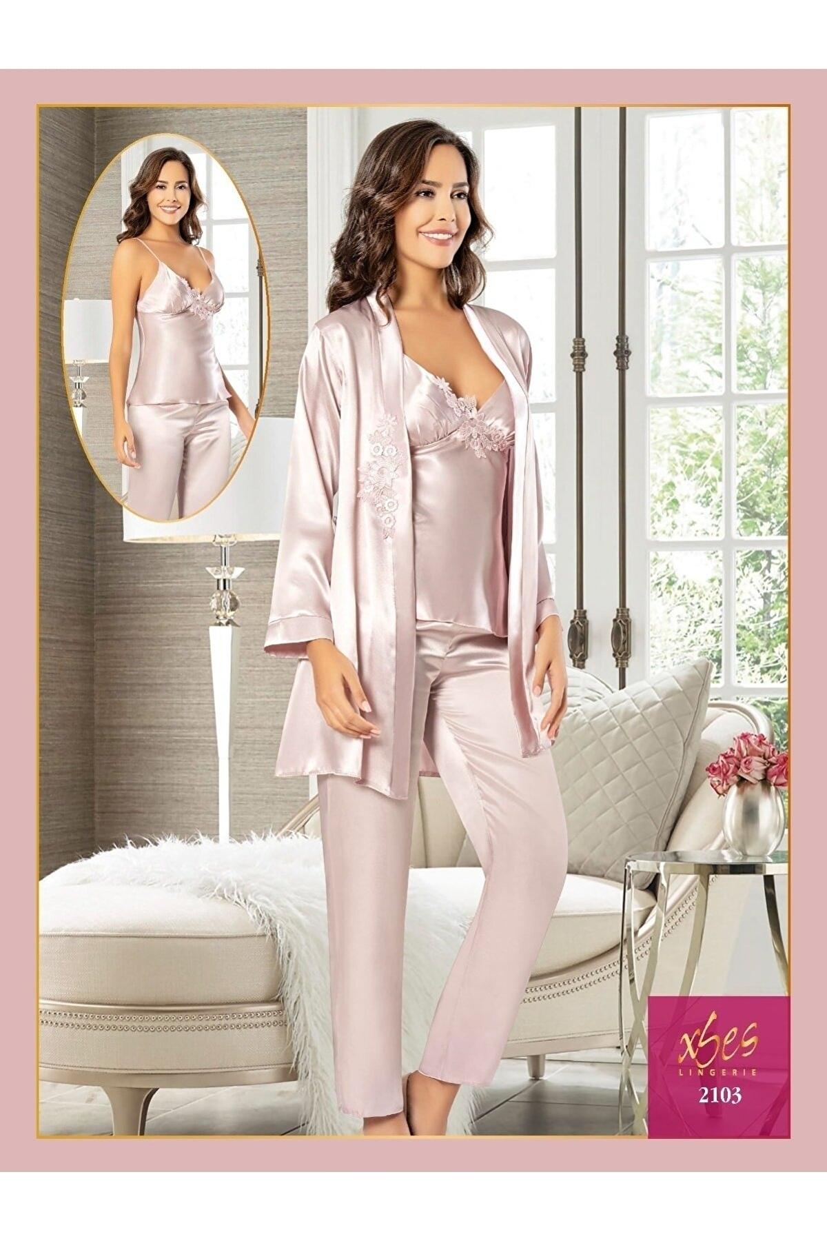 Çiçekli Saten Sabahlık Pijama Seti XSES 2103 - Pudra