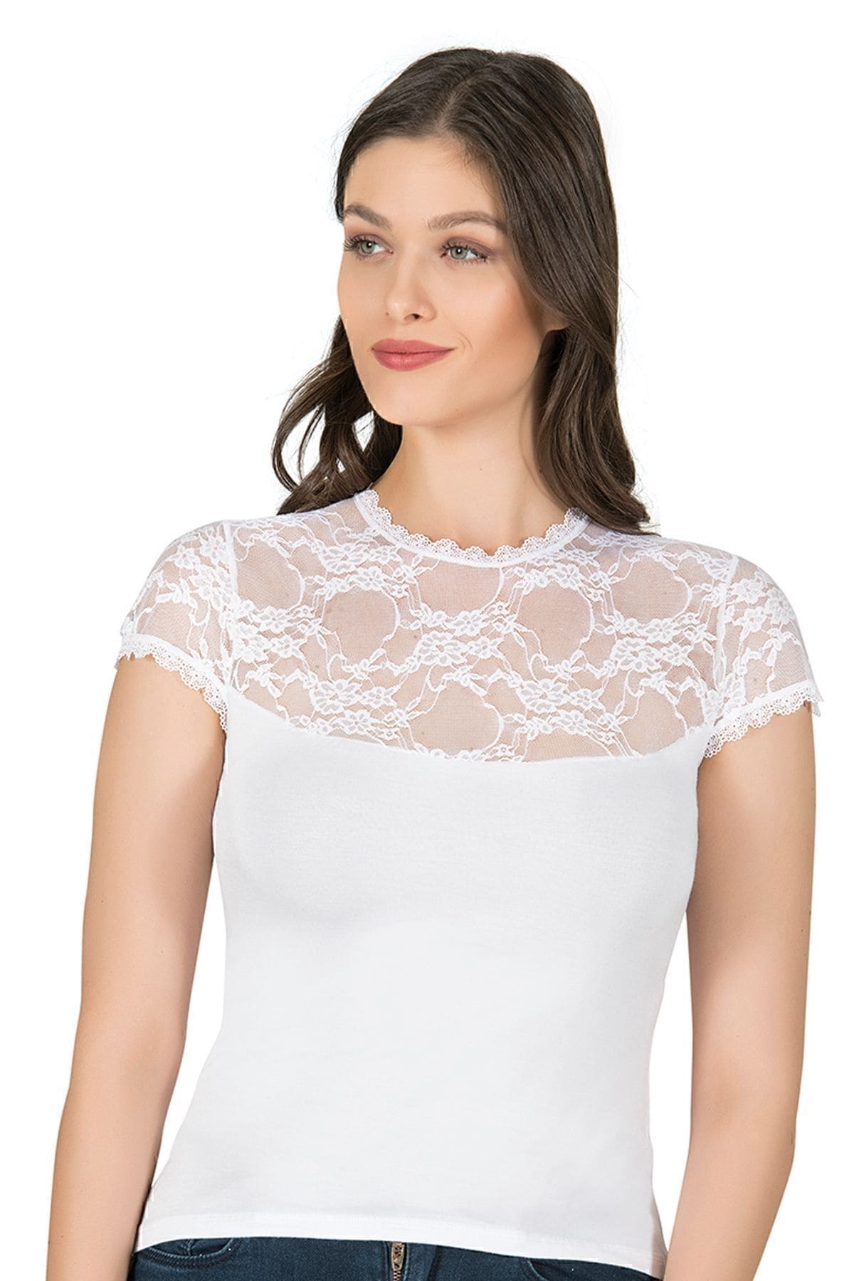 Dantel Detaylı Viskon Kısa Kollu Kadın Atlet Özkan 7371 - Beyaz