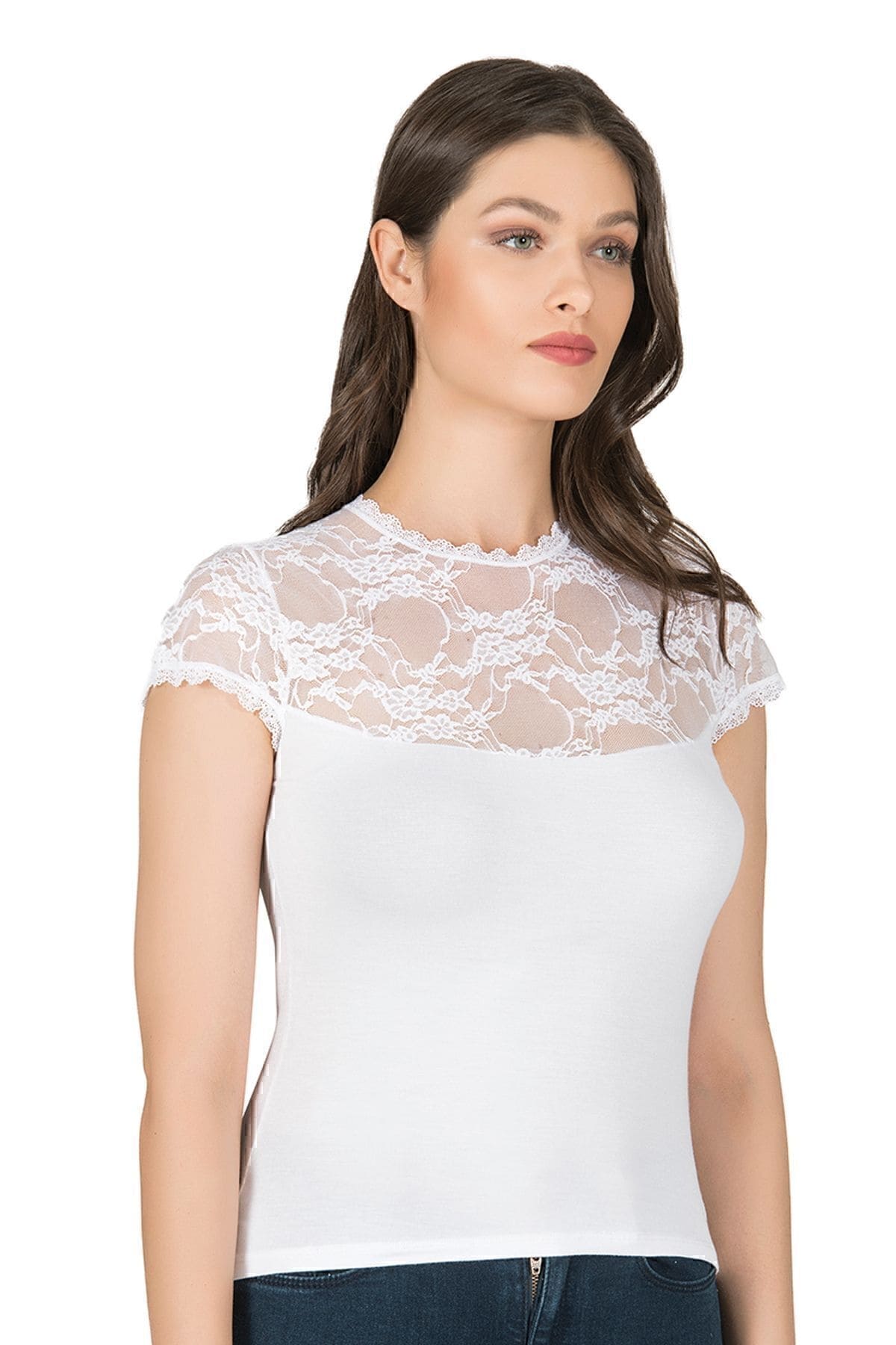Dantel Detaylı Viskon Kısa Kollu Kadın Atlet Özkan 7371 - Beyaz