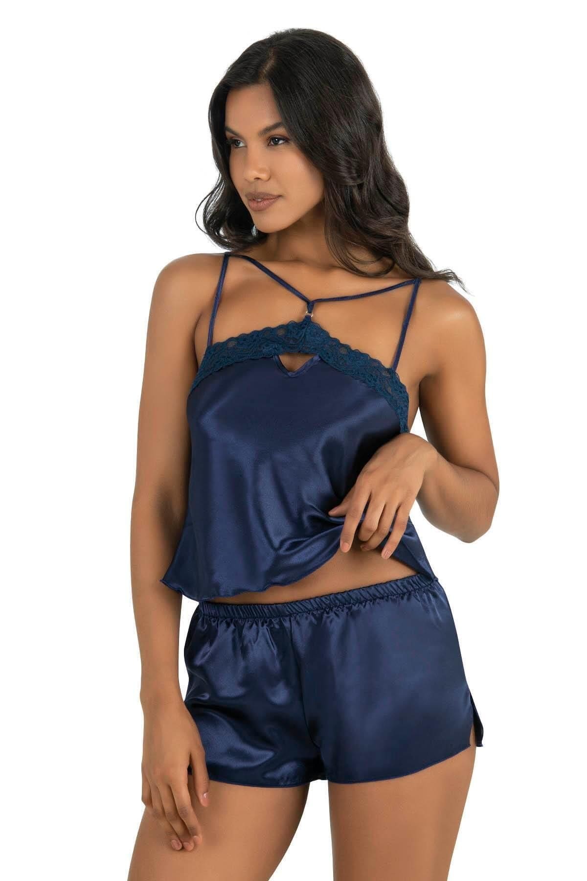 Dantel Detaylı Saten Kısa Şort Takımı Lacivert Ahu 9211 - Lacivert