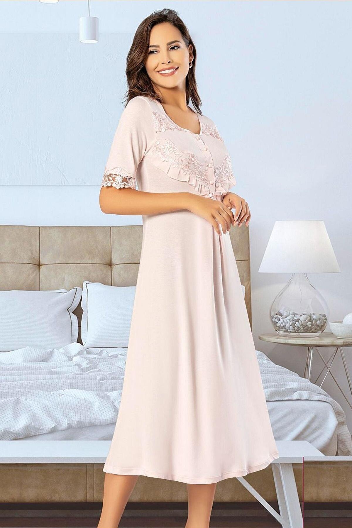 A Kesim Düğmeli Kısa Kollu Hamile Gecelik XSES 2555 - Pudra