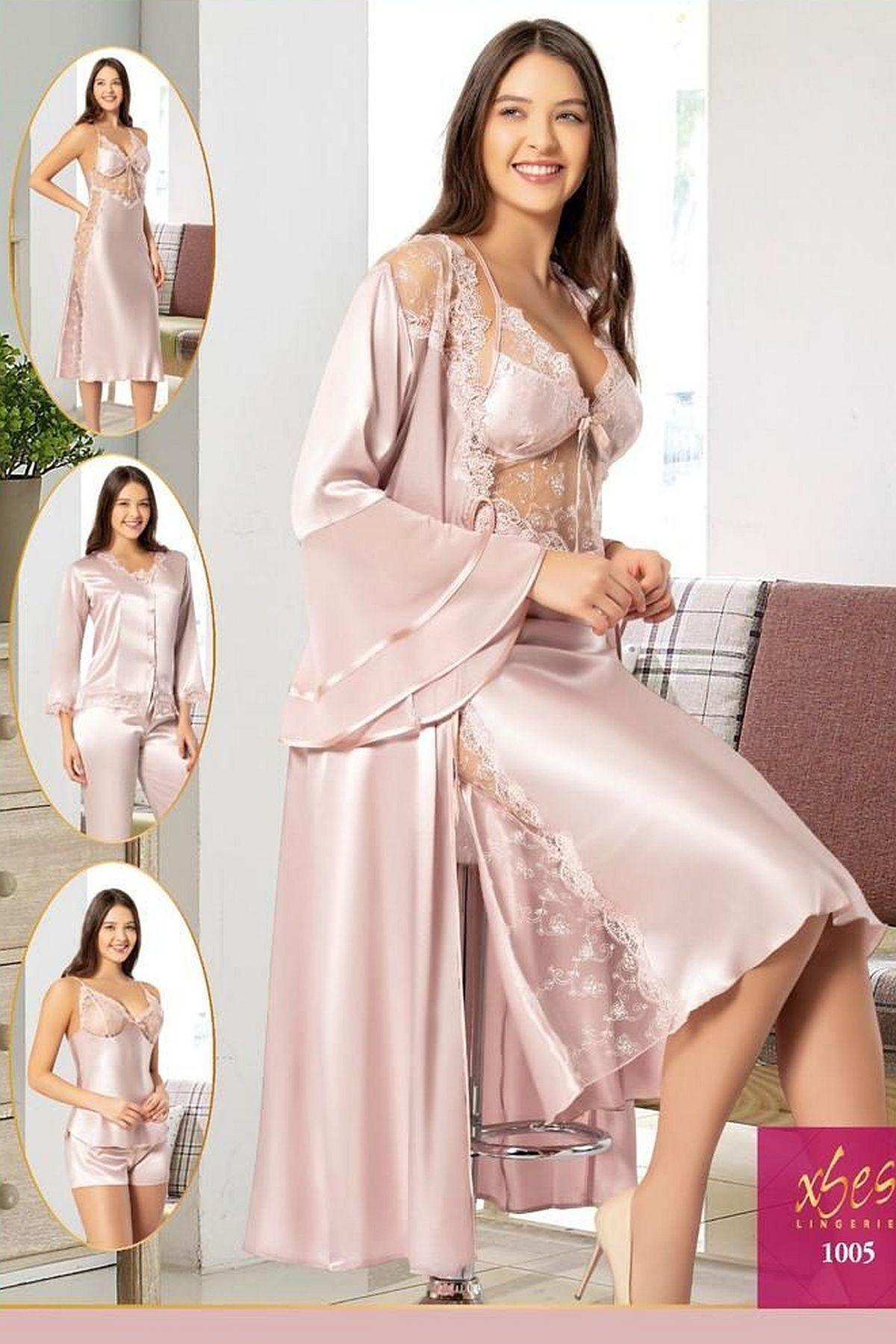 Yanları Transparan Dantelli Saten Gelin Çeyiz Seti XSES 1005 - Pudra