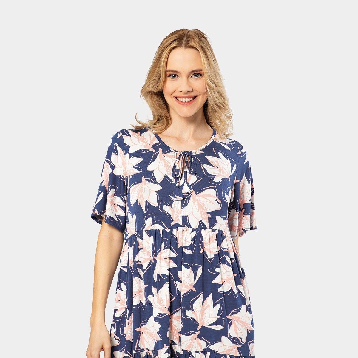 Yaprak Desenli Kısa Kollu Kadın Elbise Türen 3354 - Lacivert