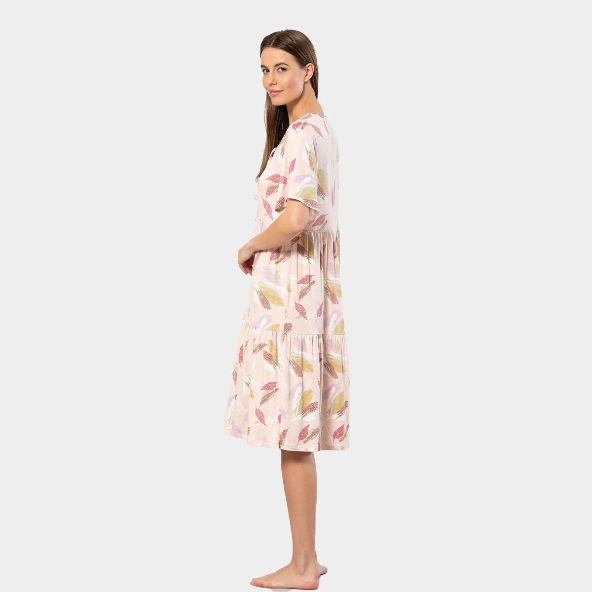 Viskon Elastan Yaprak Desenli Kısa Kollu Elbise Türen 3354 - Pudra
