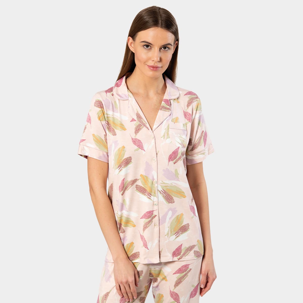 Yaprak Desenli Kadın Pijama Takımı Viskon Elastan Türen 3355 - Pudra