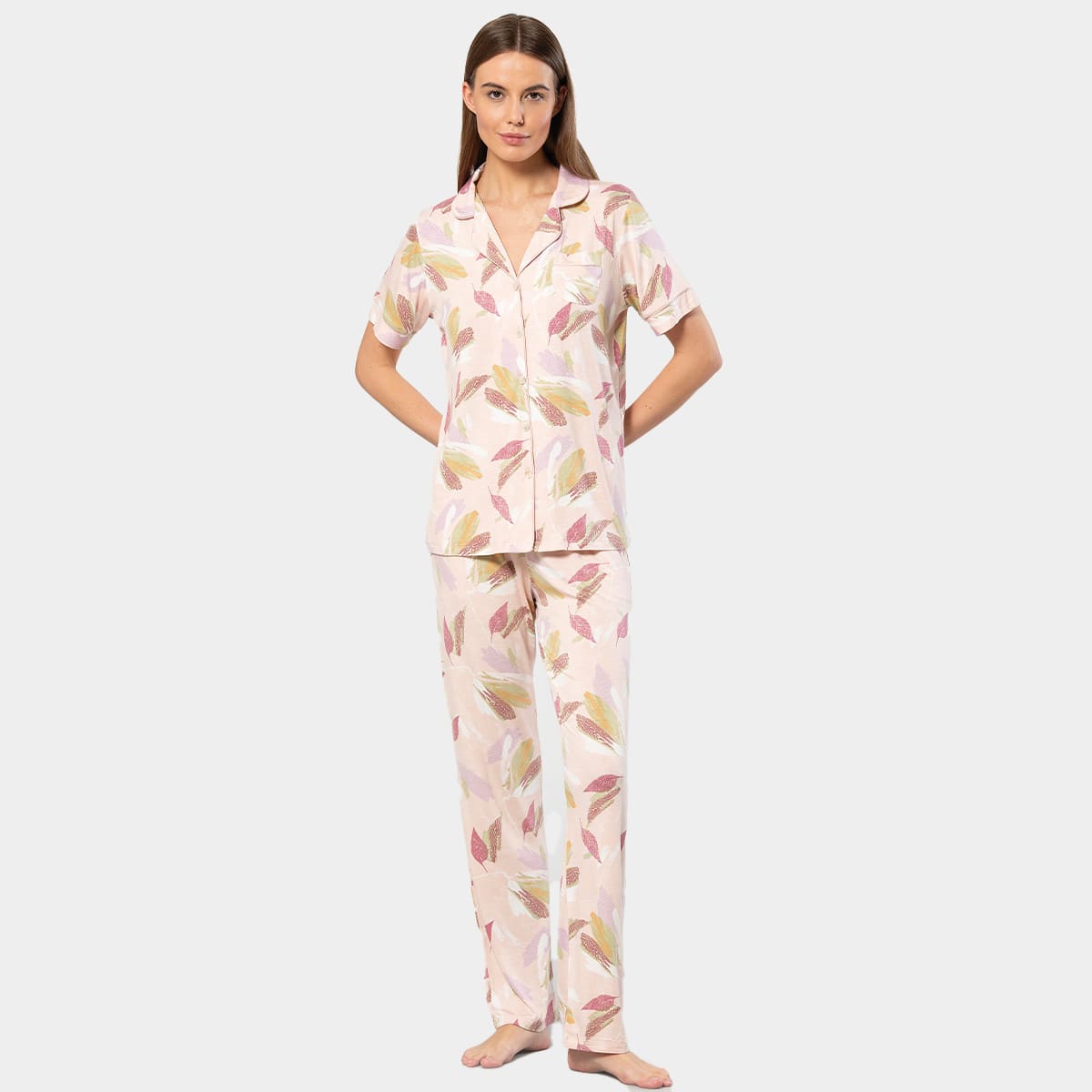 Yaprak Desenli Kadın Pijama Takımı Viskon Elastan Türen 3355 - Pudra