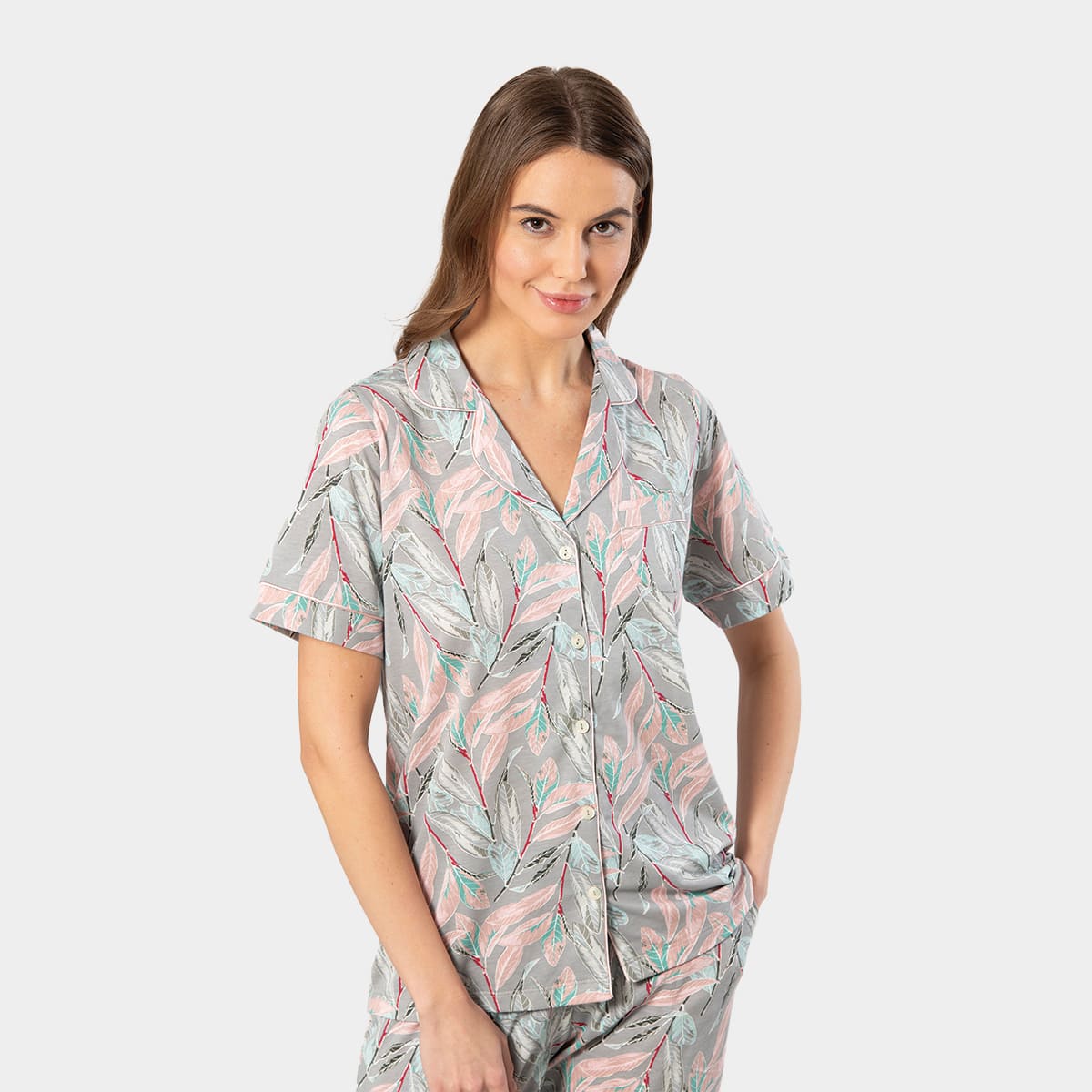 Yaprak Desenli Modal Pamuklu Kısa Kollu Pijama Takımı Türen 3395 - Gri