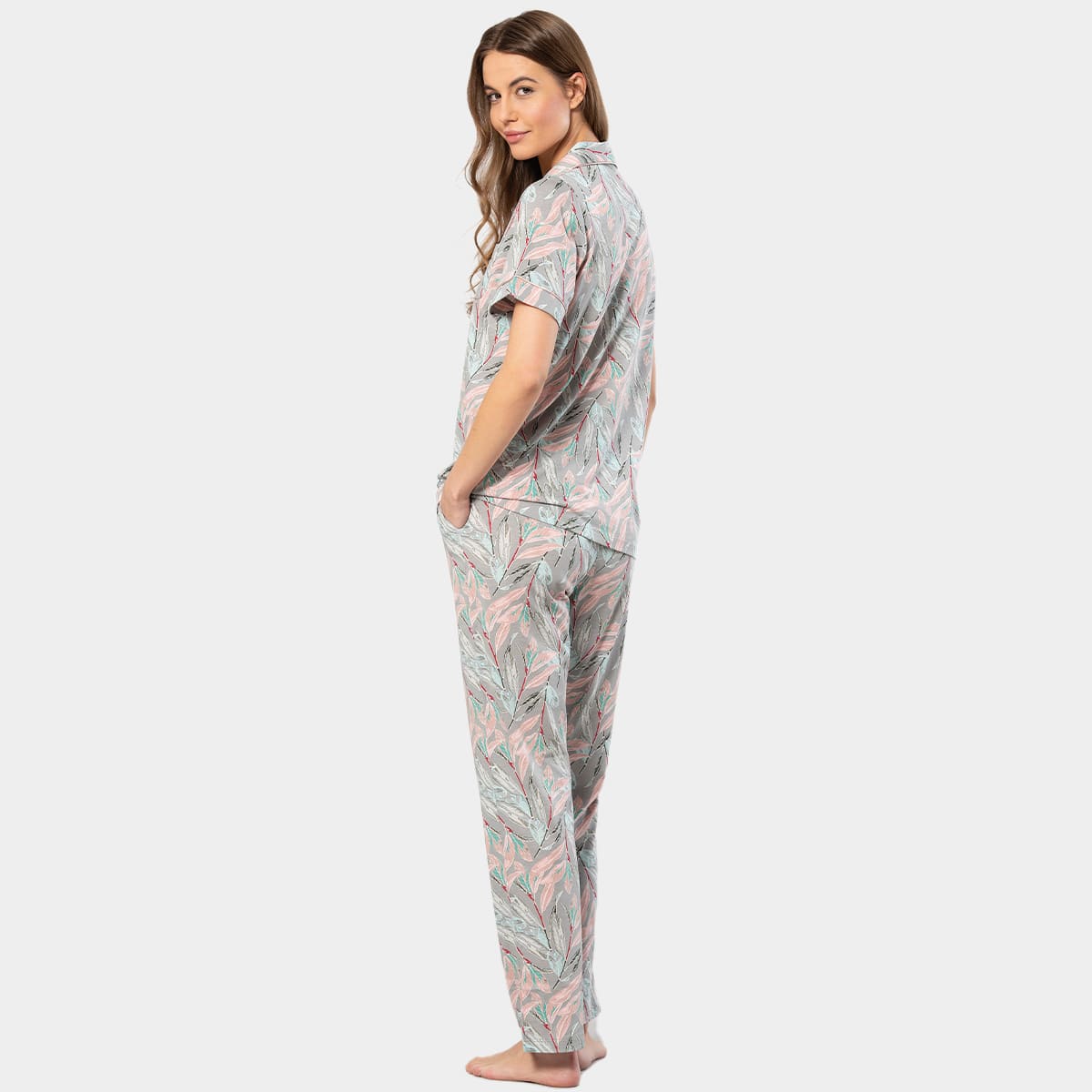 Yaprak Desenli Modal Pamuklu Kısa Kollu Pijama Takımı Türen 3395 - Gri