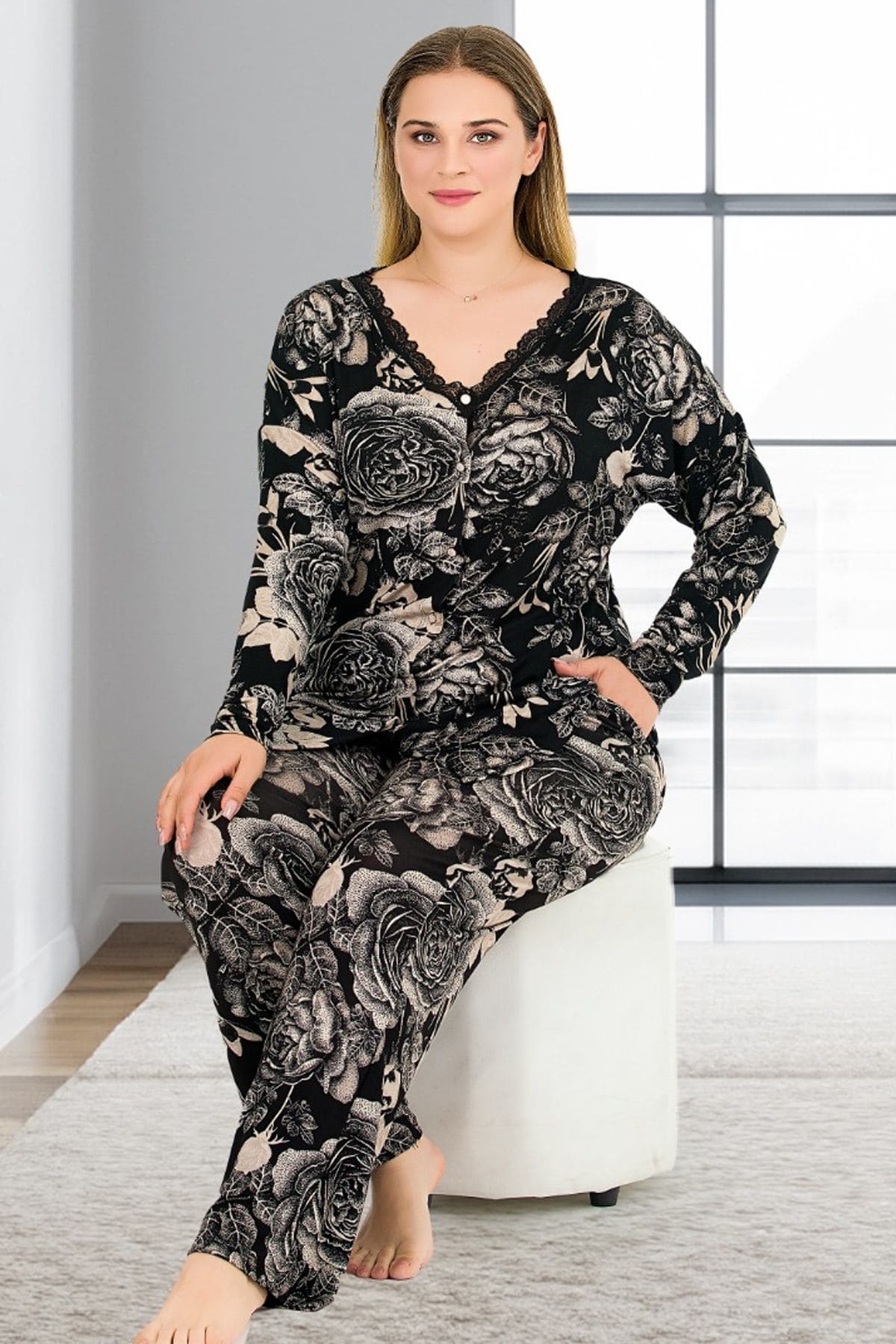 Yaprak Desenli Büyük Beden Pijama Takımı Lady 11376 - Siyah