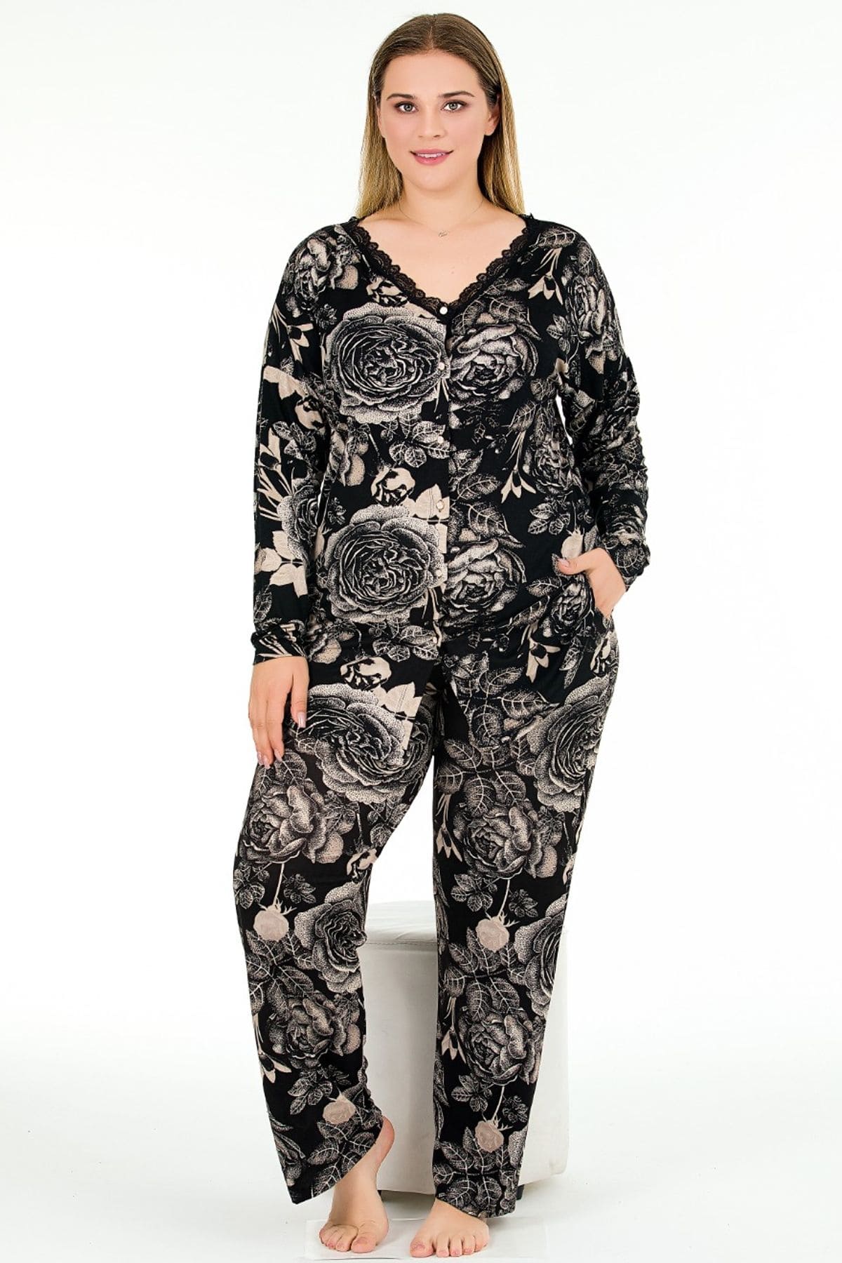 Yaprak Desenli Büyük Beden Pijama Takımı Lady 11376 - Siyah