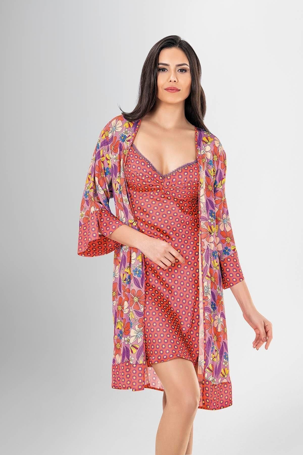 Yarım Kollu Kısa Sabahlık Gecelik Takımı Kadın Ahu 1928 - Kırmızı