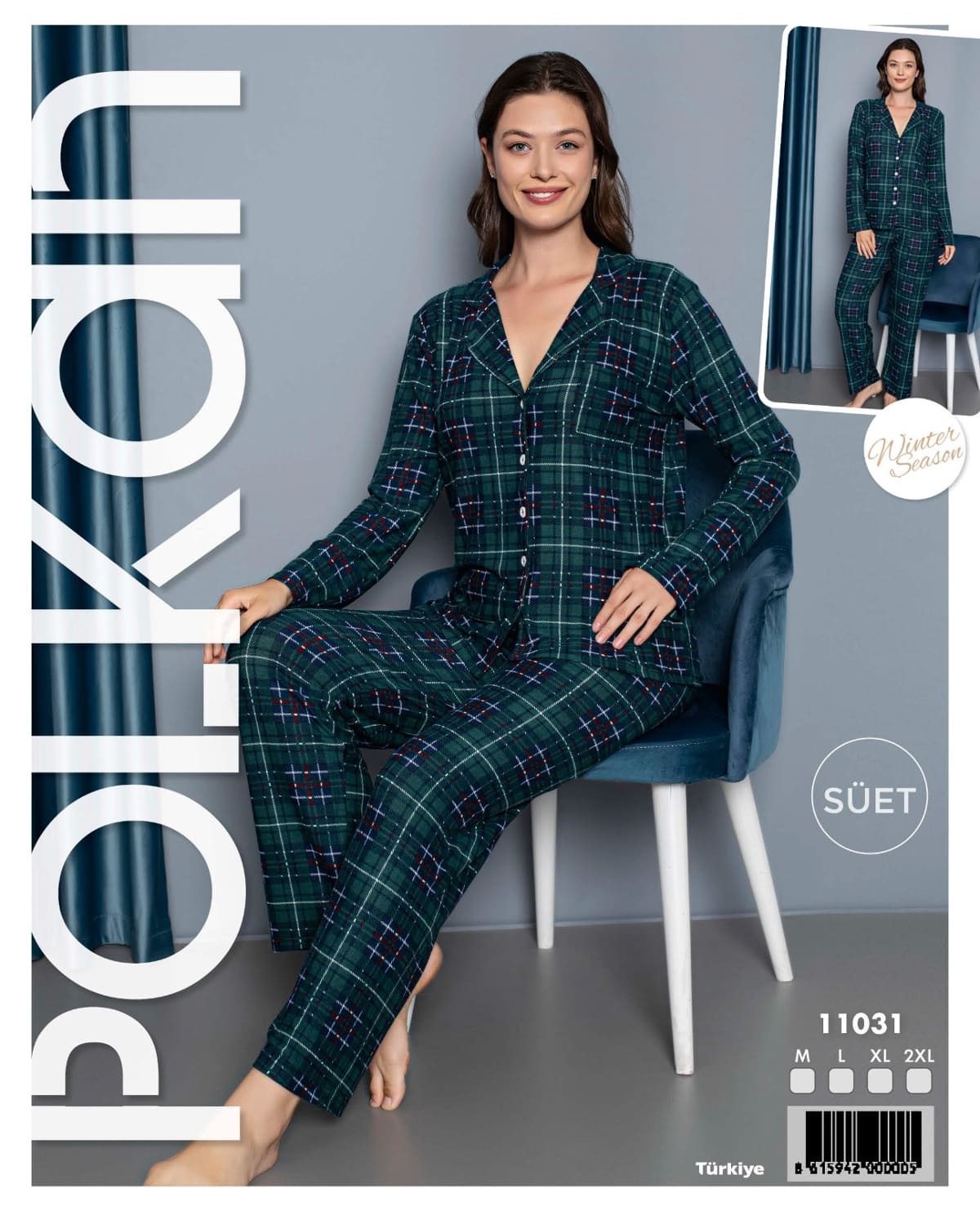 Yeşil Düz Çizgili Uzun Kollu Pijama Takımı Polkan 11031 - Yeşil