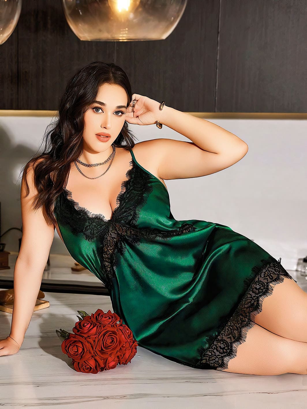 Dantel Detaylı Tek Parça Büyük Beden Body Pink Night 6686 - Yeşil