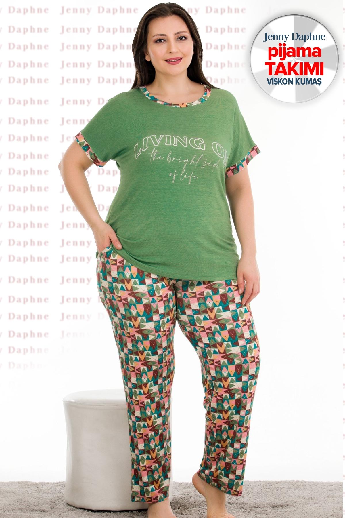 Yeşil Desenli Yazlık Büyük Beden Pijama Takımı Lady 10935 - Yeşil