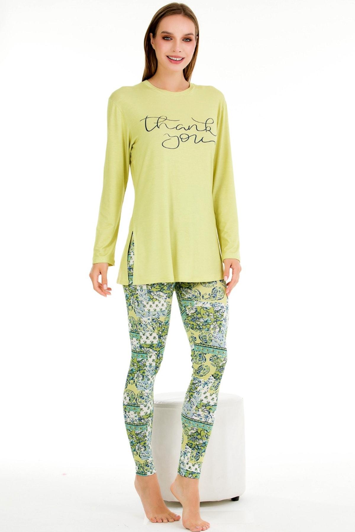 Lady Yeşil Uzun Kollu Tayt Pijama Takımı Esnek Kesim Lady 11633