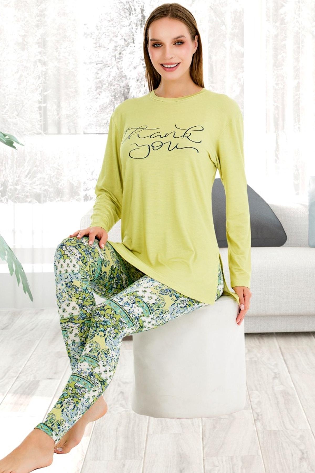 Lady Yeşil Uzun Kollu Tayt Pijama Takımı Esnek Kesim Lady 11633 - Görsel 2