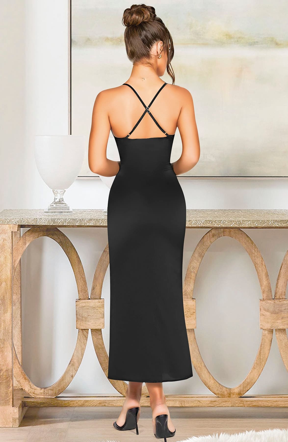 Yırtmaçlı Dekolteli Uzun Saten Elbise Somon Pink Night 5518 - Siyah