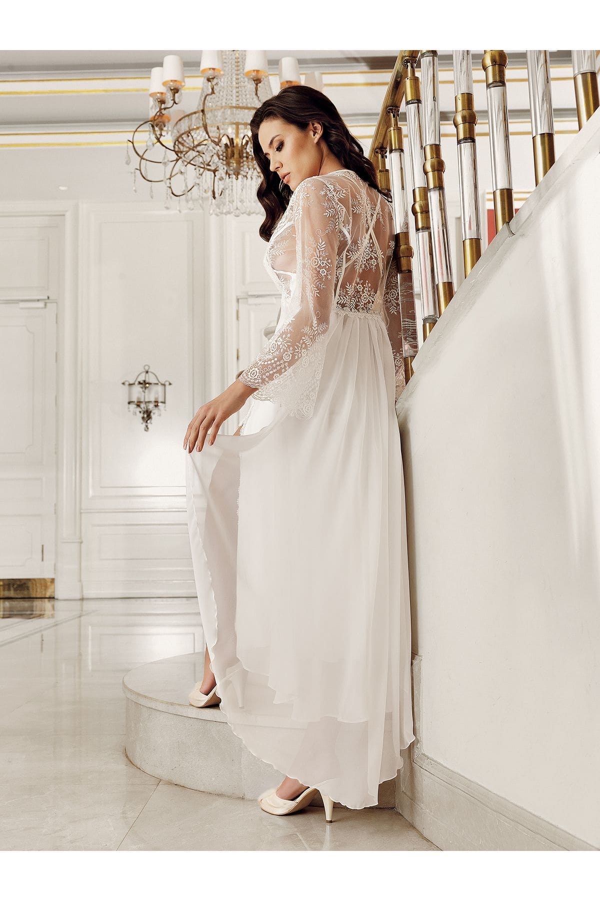 Yırtmaçlı Kaplı Sabahlıklı Gecelik Saten Set Ten İmaj 4206 - Ekru