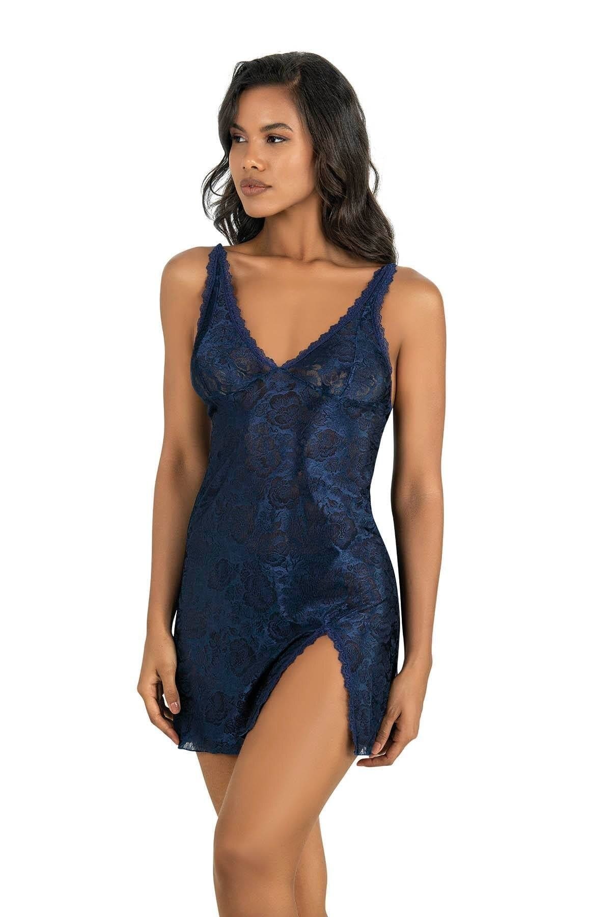 Ahu Lingerie Yırtmaçlı Lacivert Kısa Saten Gecelik Ahu 8222